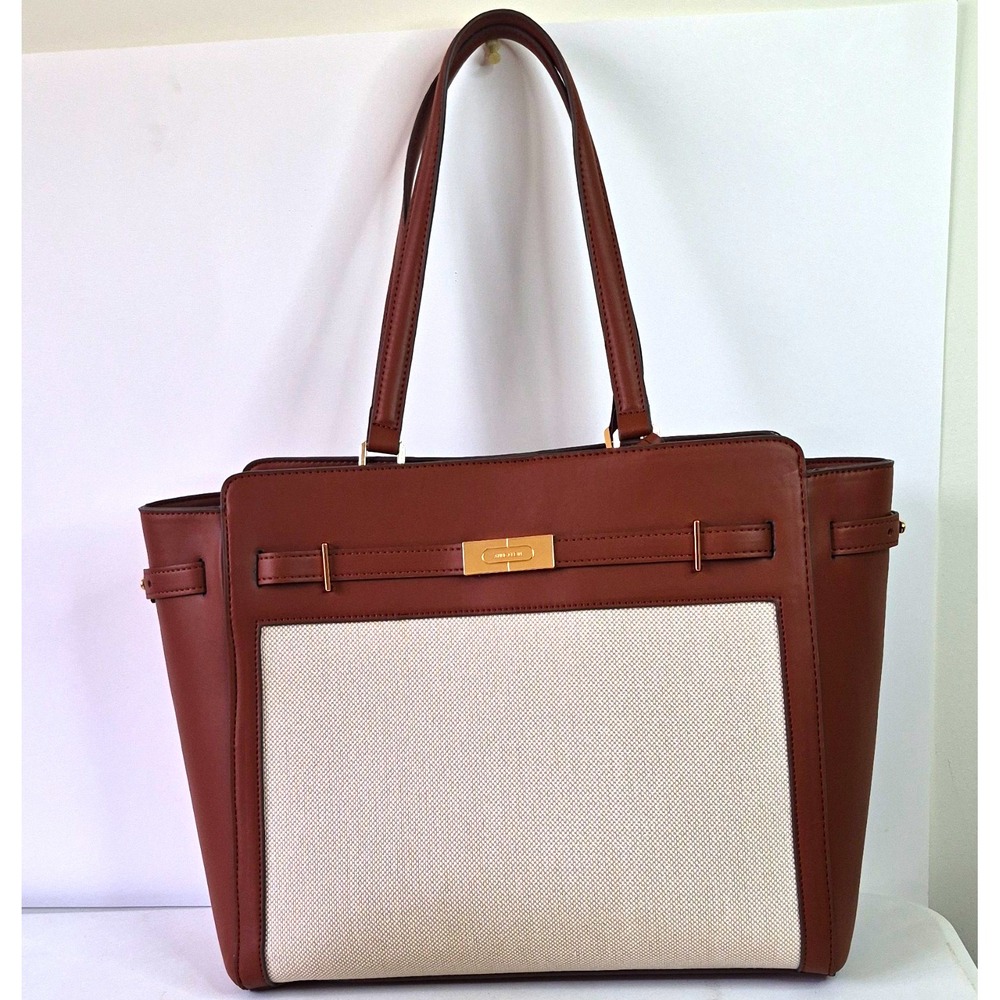 Anne Klein Brown & Beige Logo Tote Bag Zip Top Gold Hardware Medium Pockets